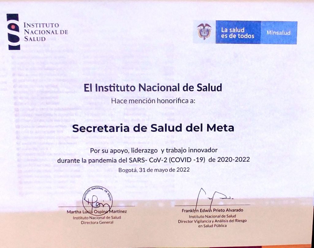 INS exaltó la labor de la Secretaría de Salud del Meta por su desempeño durante la pandemia del COVID-19.
